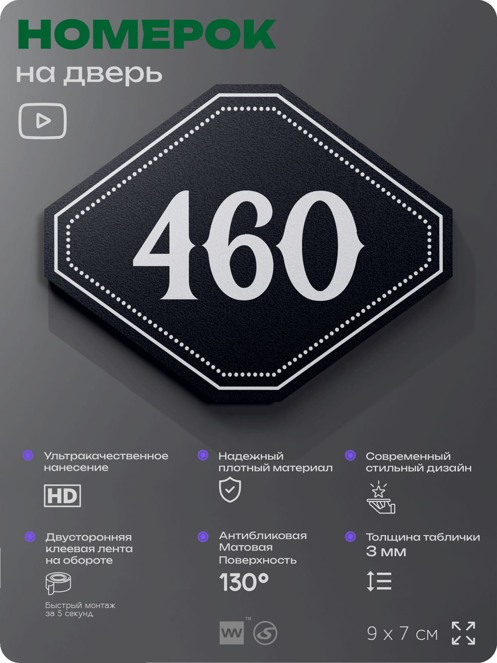 Номерок на дверь квартиры 460, для кабинета, офиса, шильдик 9 х 7 см, черный, Айдентика Технолоджи
