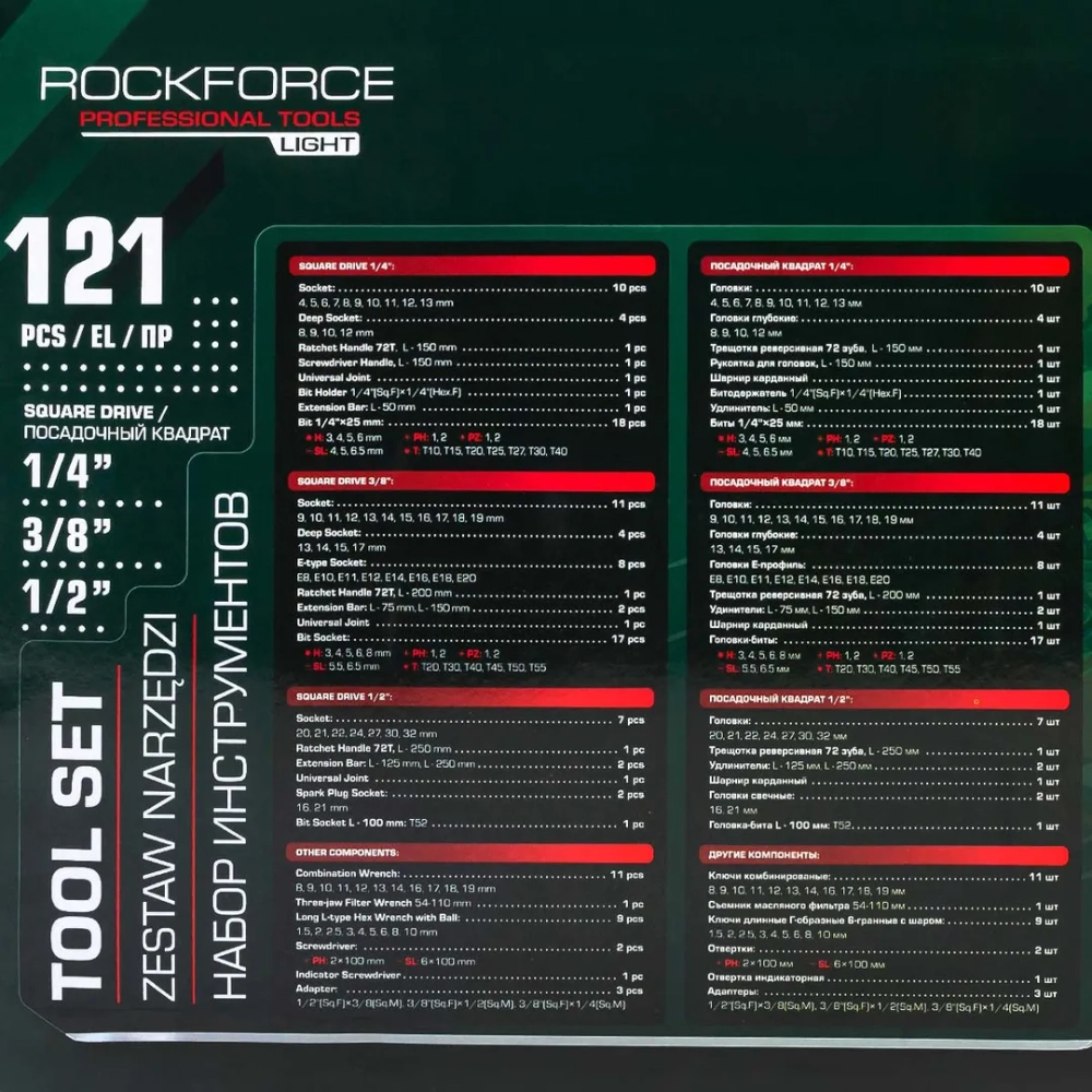 Набор инструментов 121пр. 1/4'', 1/2'',3/8''( 6гр.) RockFORCE LIGHT RF LIGHT-41212-5