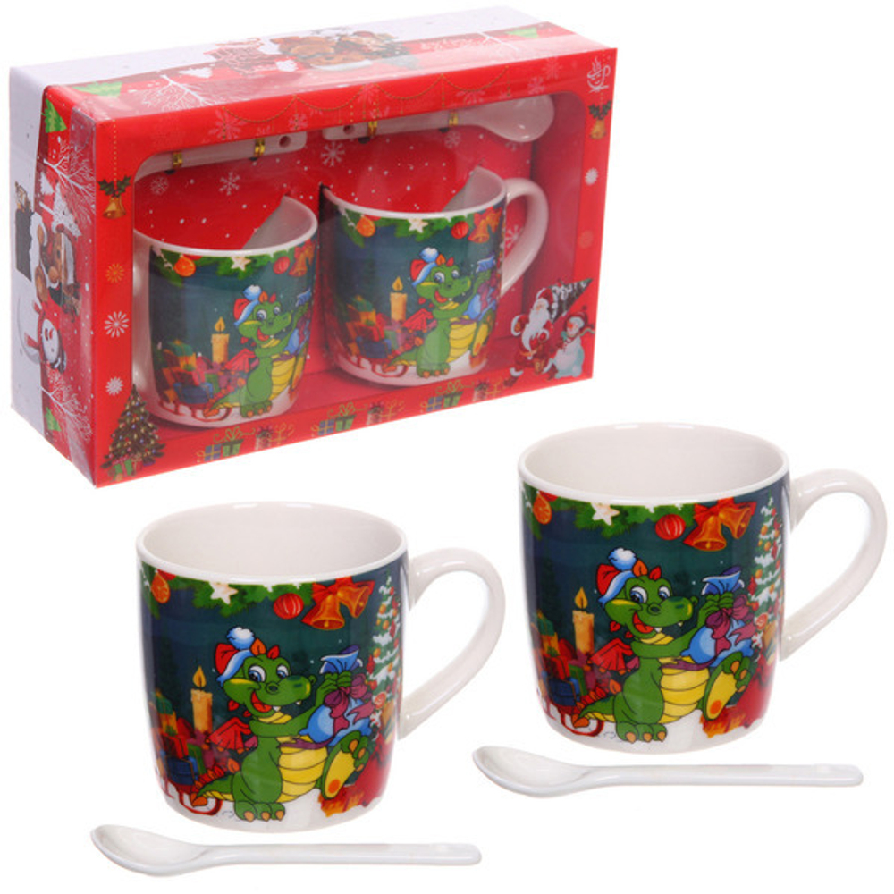 Кружка керамическая 200мл в наборе 2шт с ложками «Веселый Дракоша»