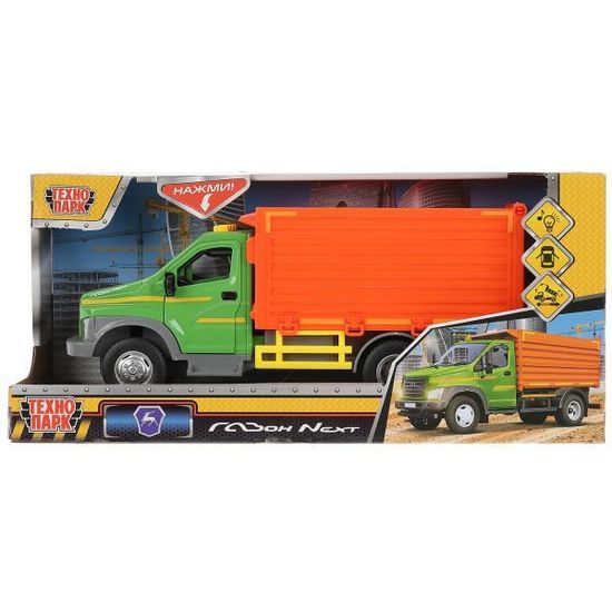 Машина пластик свет-звук ГАЗОН NEXT САМОСВАЛ 22 см, двер, кузов, зелен, кор. Технопарк