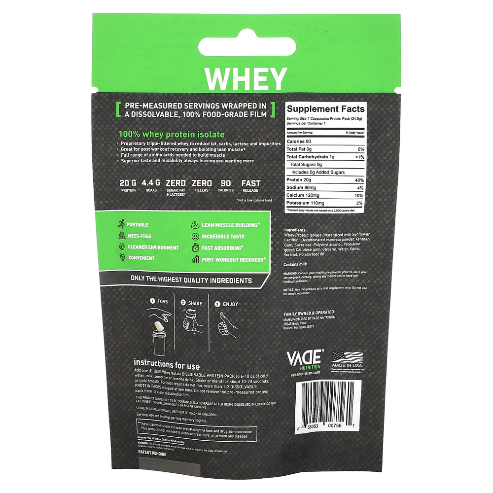 Vade Nutrition, Пакетики с растворимым протеином, 100% изолят сыворотки, капучино, 24,8 г (0,05 фунта)