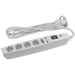 Сетевой фильтр ЭРА SFU-5es-2m-W с надежной защитой с заземлением с выключателем 5 розеток 2xUSB 2м 10А белый | Сетевые фильтры