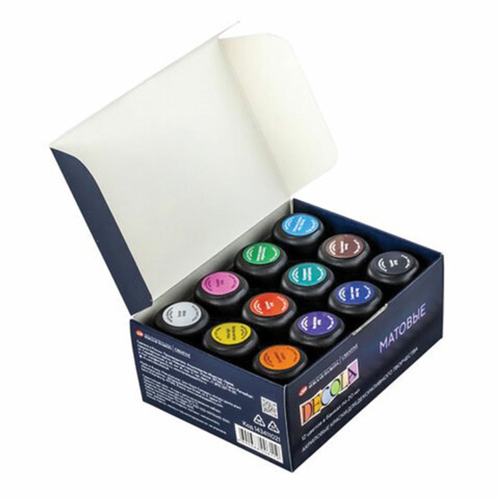 Краски акриловые матовые "Декола", 12 цветов по 20 мл, в банках, 143411021