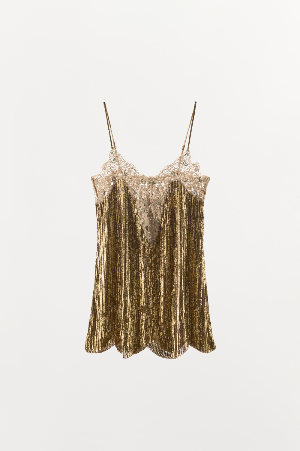 ZARA МИНИ-ПЛАТЬЕ С ПАЙЕТКАМИ И КРУЖЕВОМ, ЗОЛОТОЙ