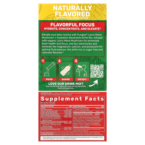 Fungies, ежовик гребенчатый, гриб, гидратация, смесь для приготовления электролитического напитка, клубничный лимонад, 6 пакетиков по 8 г (0,28 унции)
