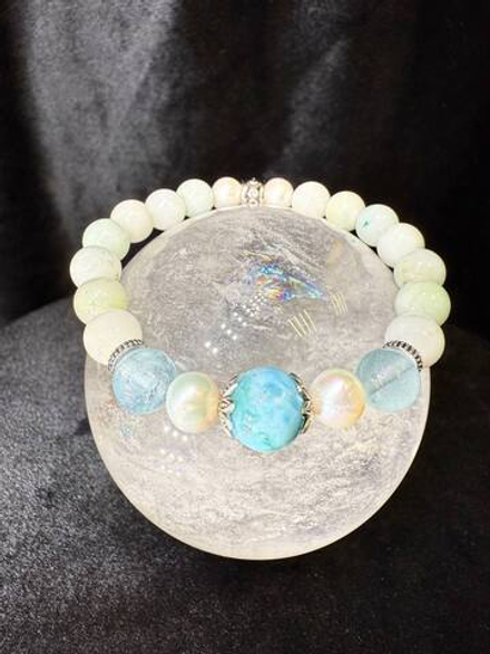 Браслет с бусиной Ларимара, Жемчугом, Аквамарином и Хризоколлой с Кварцем