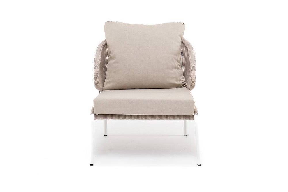 "Милан" кресло плетеное из роупа, каркас алюминий белый муар, роуп бежевый круглый, ткань бежевая 052