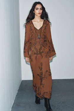 ZARA ПЛАТЬЕ ИЗ ЖОРЖЕТА С БУСИНАМИ LIMITED EDITION, КОРИЧНЕВЫЙ