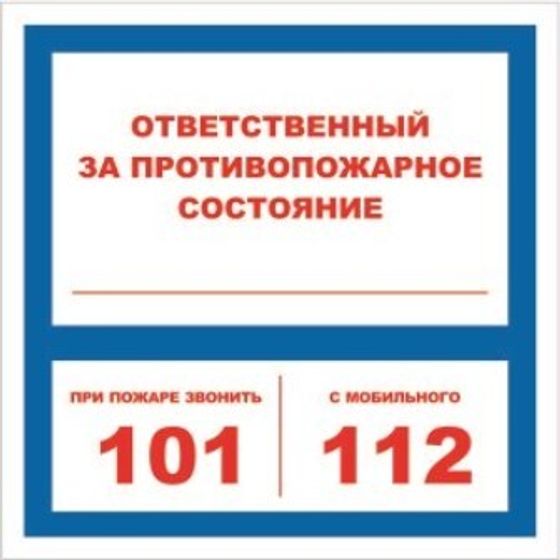 Знак безопасности F16 Ответственный за п/пож сост.помещение пластик 200х200
