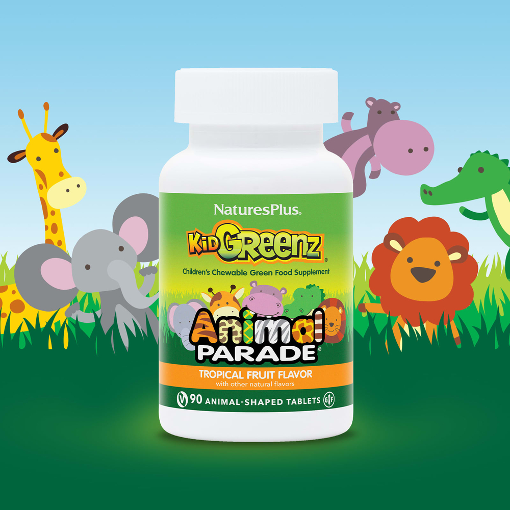 NaturesPlus, Animal Parade®, Kid Greenz®, пищевая добавка для детей с натуральным вкусом зелени, тропические фрукты, 90 таблеток в форме животных