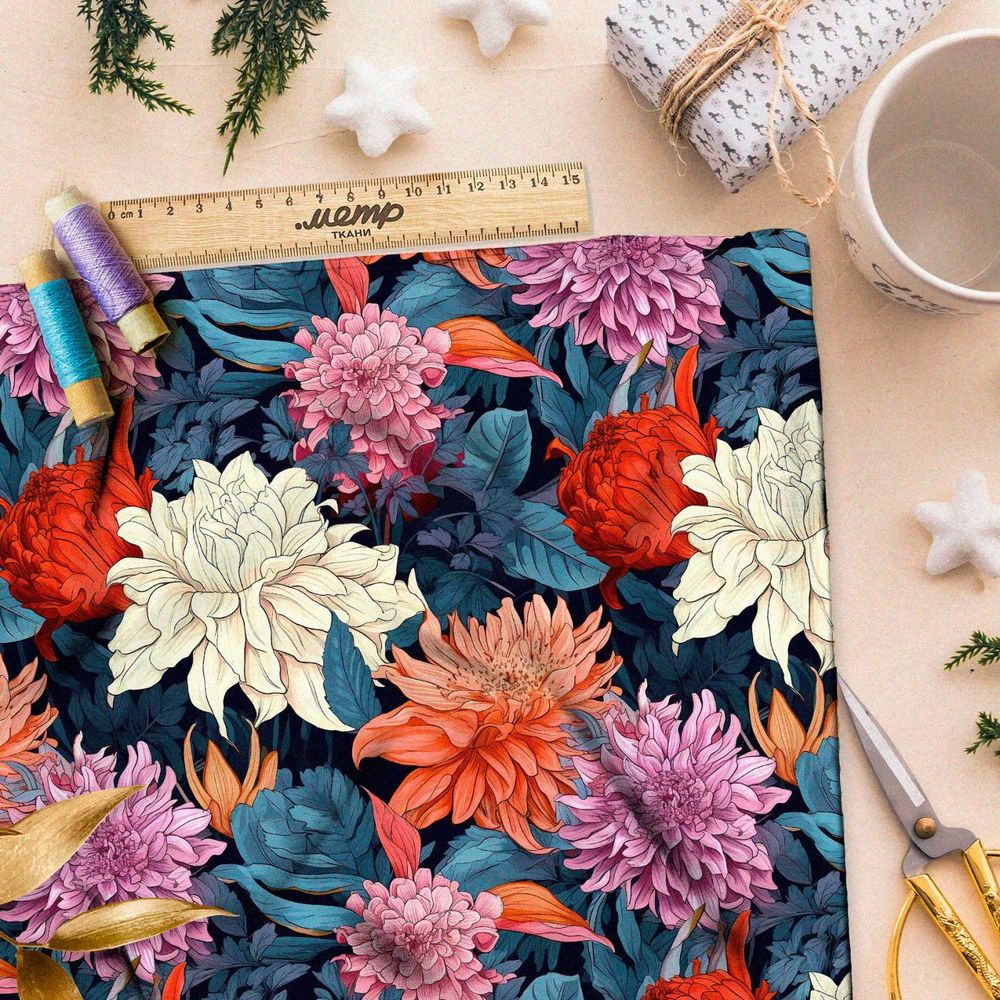 Ткань премиум дюспо ночные хризантемы