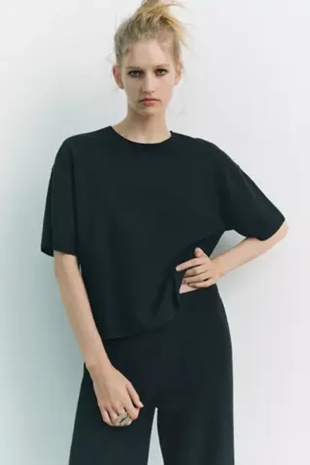 ZARA ФУТБОЛКА ИЗ МЯГКОЙ ТКАНИ В РУБЧИК, ЧЕРНЫЙ