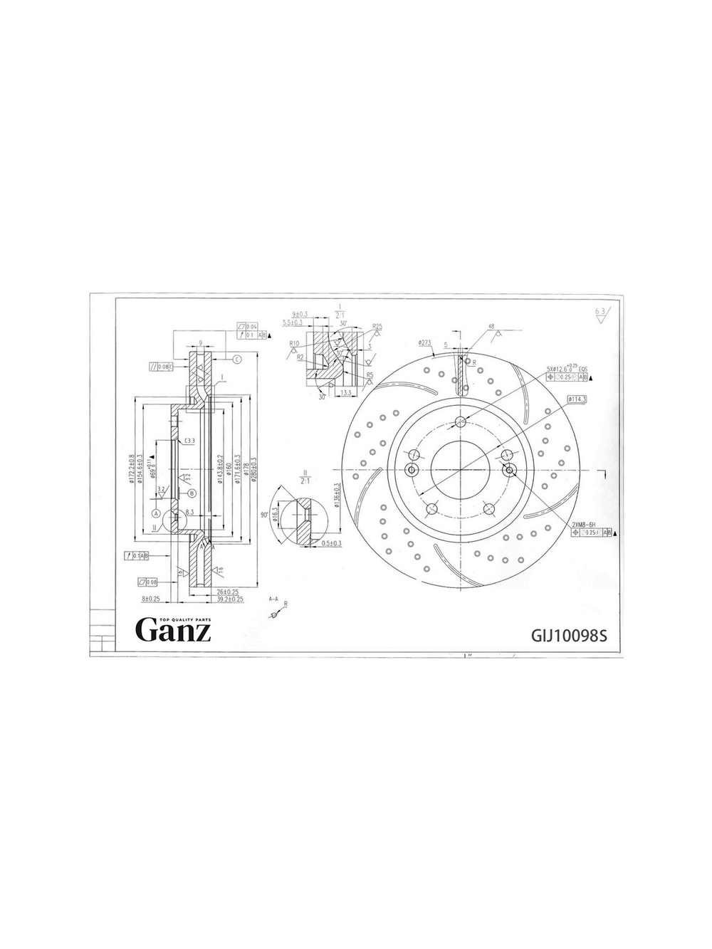 Диск тормозной передний перфорированный PRO-LINE с покрытием (комплект 2 шт) KIA CERATO 08-/ SOUL 08-/KIA CEED GANZ GIJ10098S