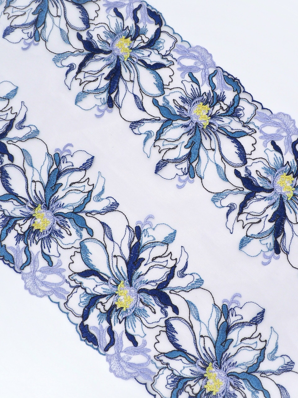 Кружево вышивка на сетке цвет мультиколор (темно-синий, желто-зеленый, орхидея, деним) неэластичная ширина 27 см