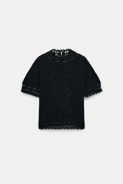 ZARA ТРИКОТАЖНЫЙ ТОП С ВЫСОКИМ ВОРОТНИКОМ И ЦВЕТОЧНЫМИ ДЕТАЛЯМИ, ЧЕРНЫЙ