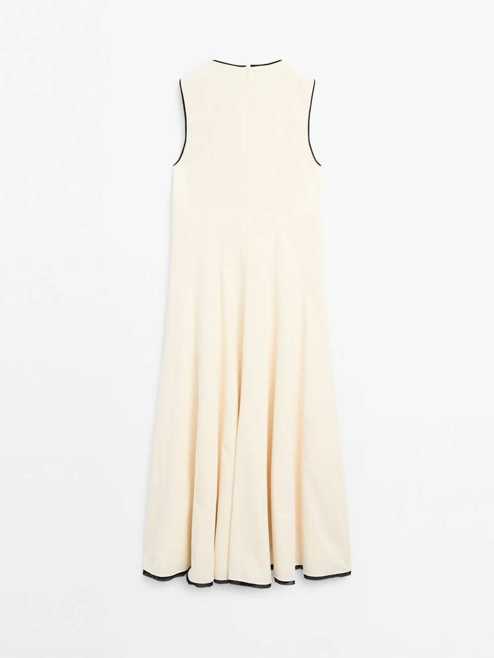 Massimo Dutti Платье клеш с контрастными деталями, натуральный, кремовый