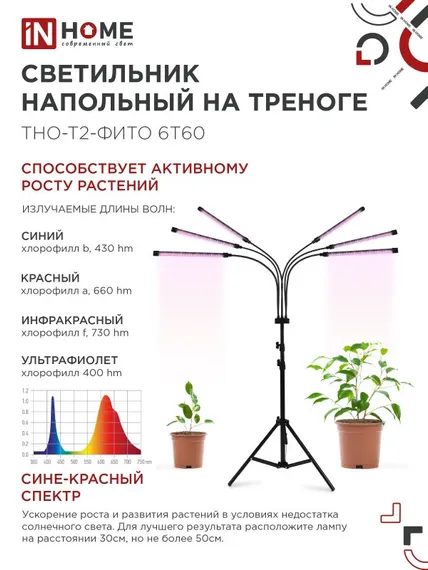 Светильник напольный на треноге светодиодный ТНО-Т2-ФИТО красно-синий 6Т60 60Вт 6 плафонов, пульт на шнуре IN HOME