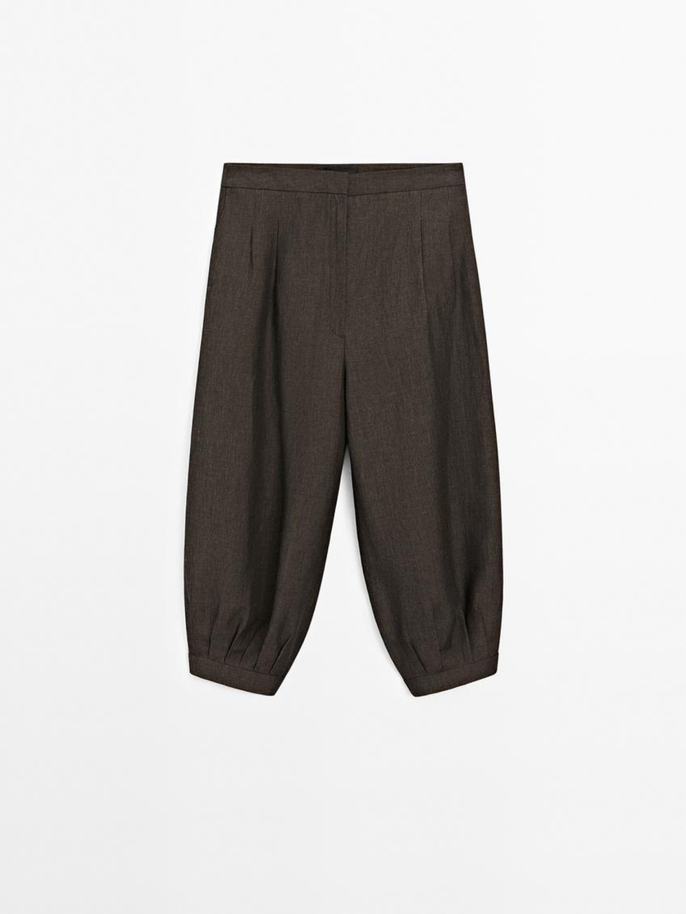 Massimo Dutti Брюки капри объемного кроя из смесового льна, коричневый