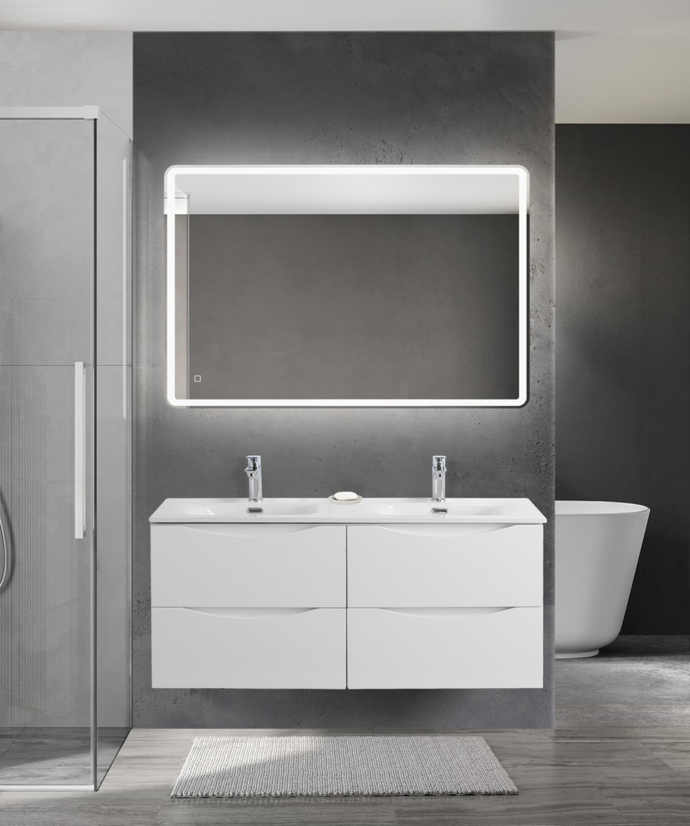 Тумба с раковиной подвесная BelBagno MARINO-CER-N-1200-4C-SO-BL-P Bianco Lucido, раковина белая BB-8099-120-2 с 2-я чашами