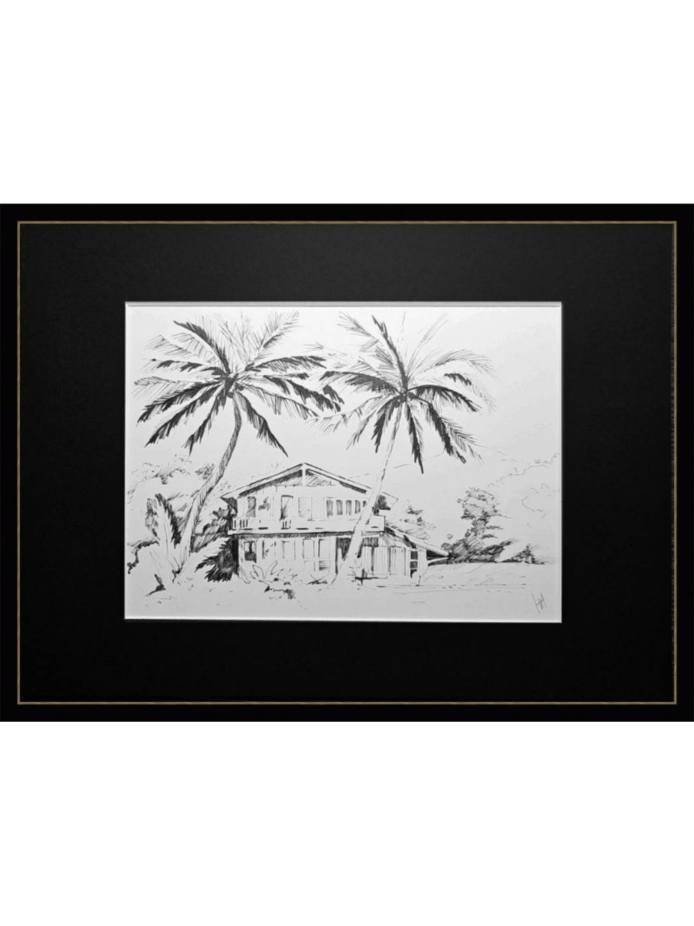 Картина, графика в паспарту 21х30 см на стену для интерьера "Бунгало"