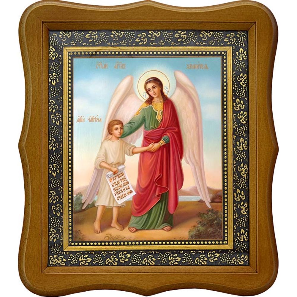 Ангел Хранитель с душой человека. Икона на холсте.