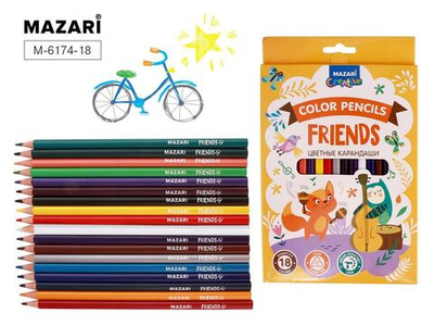 Карандаши 18цв. пластик "Friends" трехгран. d грифеля = 2.6 мм, коробка с европодв. (Mazari)