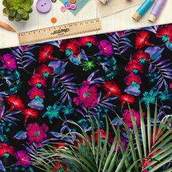 Ткань шелк Армани сладкие маки и фиолетовые листья на чёрном фоне