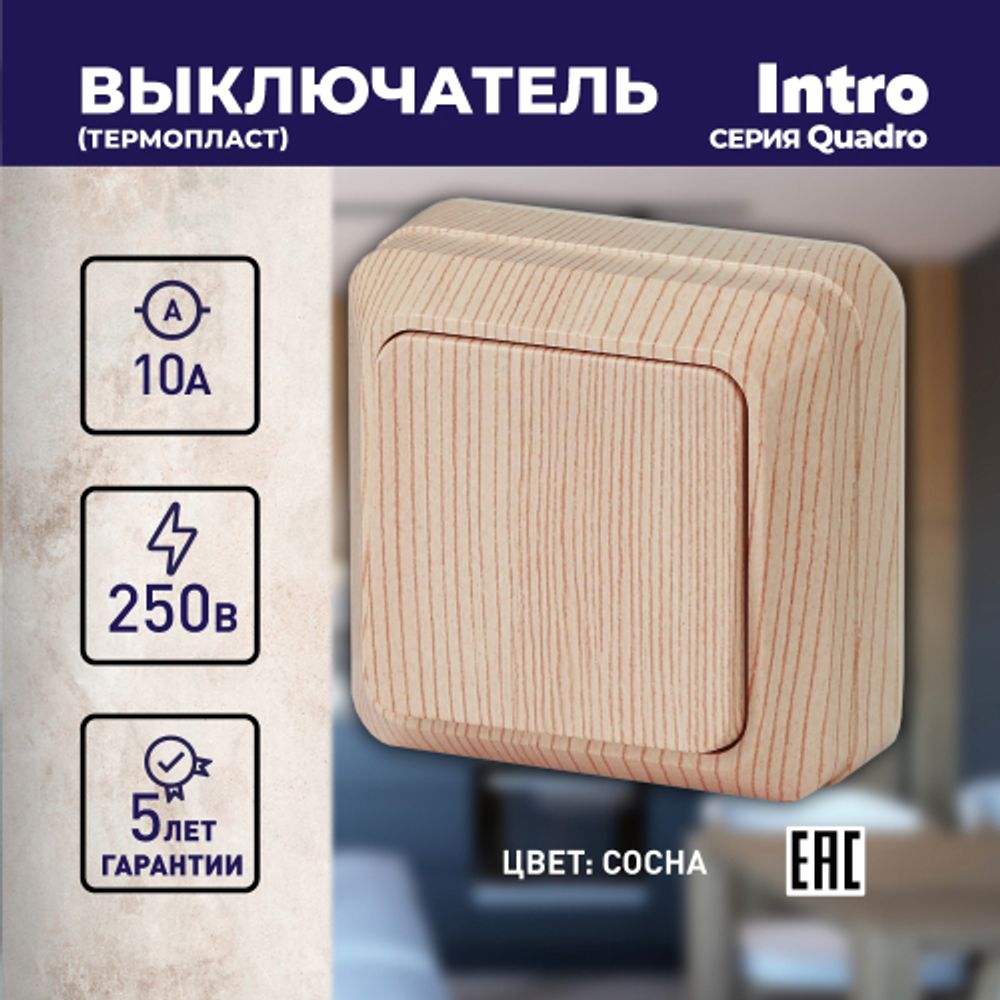 Выключатель Intro Quadro 2-101-11 одноклавишный 10А-250В, IP20, ОУ, сосна