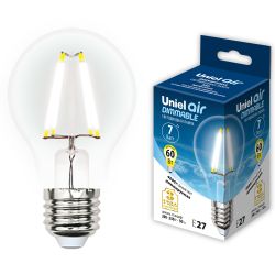 LED-A60-7W-NW-E27-CL-DIM GLA01TR Лампа светодиодная диммируемая. Форма A. прозрачная. Серия Air. Белый свет 4000K. Картон. ТМ Uniel