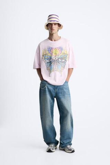 ZARA ФУТБОЛКА С КОНТРАСТНЫМ ПРИНТОМ TIE-DYE, РОЗОВЫЙ