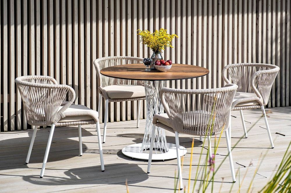 "Милан" стул плетеный из роупа, каркас алюминий белый шагрень, роуп бежевый круглый, ткань бежевая