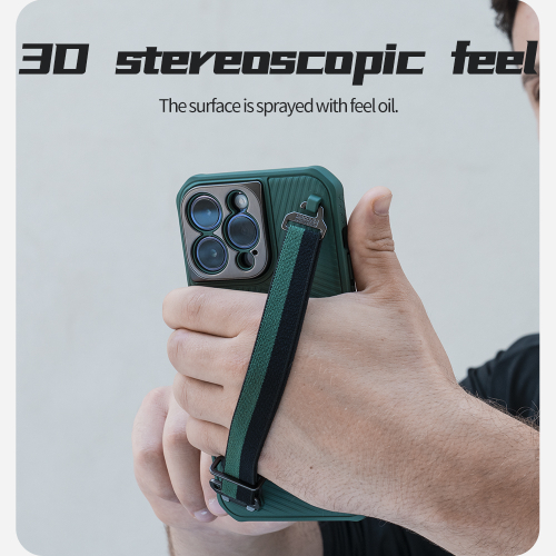 Защитный чехол зеленого цвета от Nillkin с ремешком на руку для iPhone 14 Pro Max, серия Strap Case, металлическая рамка для линз камеры