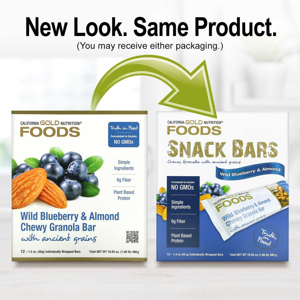 California Gold Nutrition, Foods, жевательные батончики-мюсли с дикой голубикой и миндалем, 12 шт. по 40 г (1,4 унции)