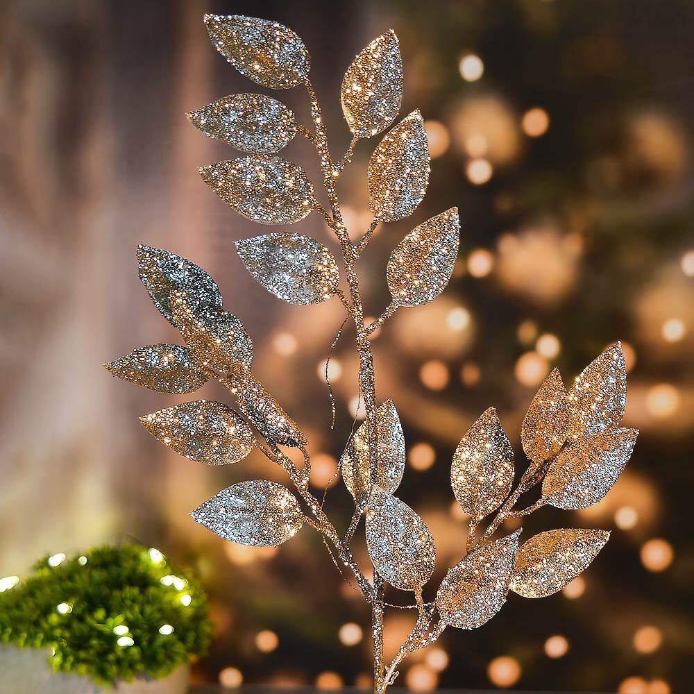 Украшение новогоднее "Ветка Волшебные листья" 50см, шампань