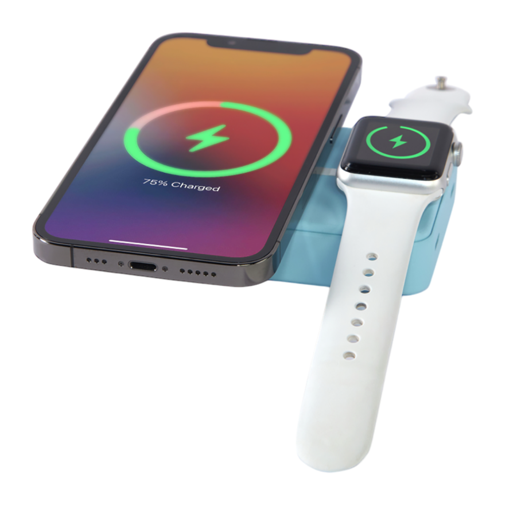 Внешний аккумулятор MagSafe с подставкой Студия Артемия Лебедева «Пауэрбанкус: Разветвитель» (10000 мА·ч) Беспроводная зарядка: Qi 15 Вт, магнитное крепление для зарядки Apple Watch (Qi 2 Вт). Проводная зарядка: USB-C. Есть Lightning для зарядки аккумулят