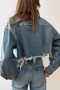 ZARA УКОРОЧЕННАЯ ДЖИНСОВАЯ КУРТКА-РУБАШКА TRF, СИНИЙ