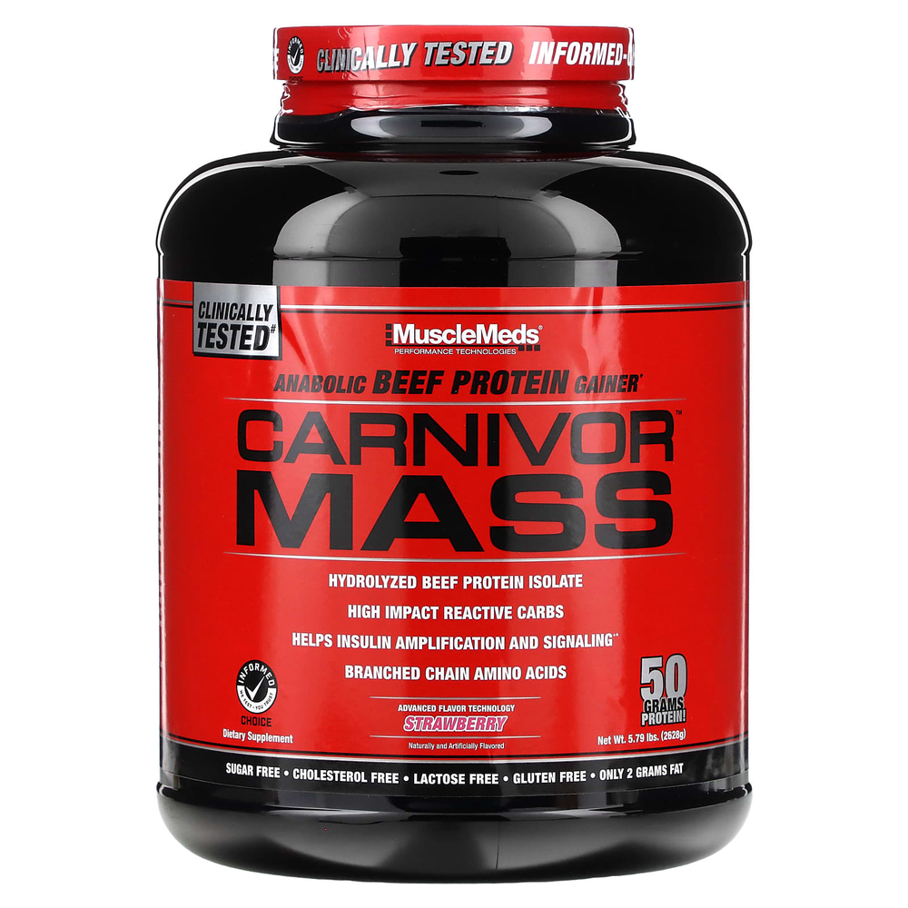 MuscleMeds, Carnivor Mass, анаболический гейнер с говяжьим протеином, клубничный вкус, 2698 г (5,79 фунта)