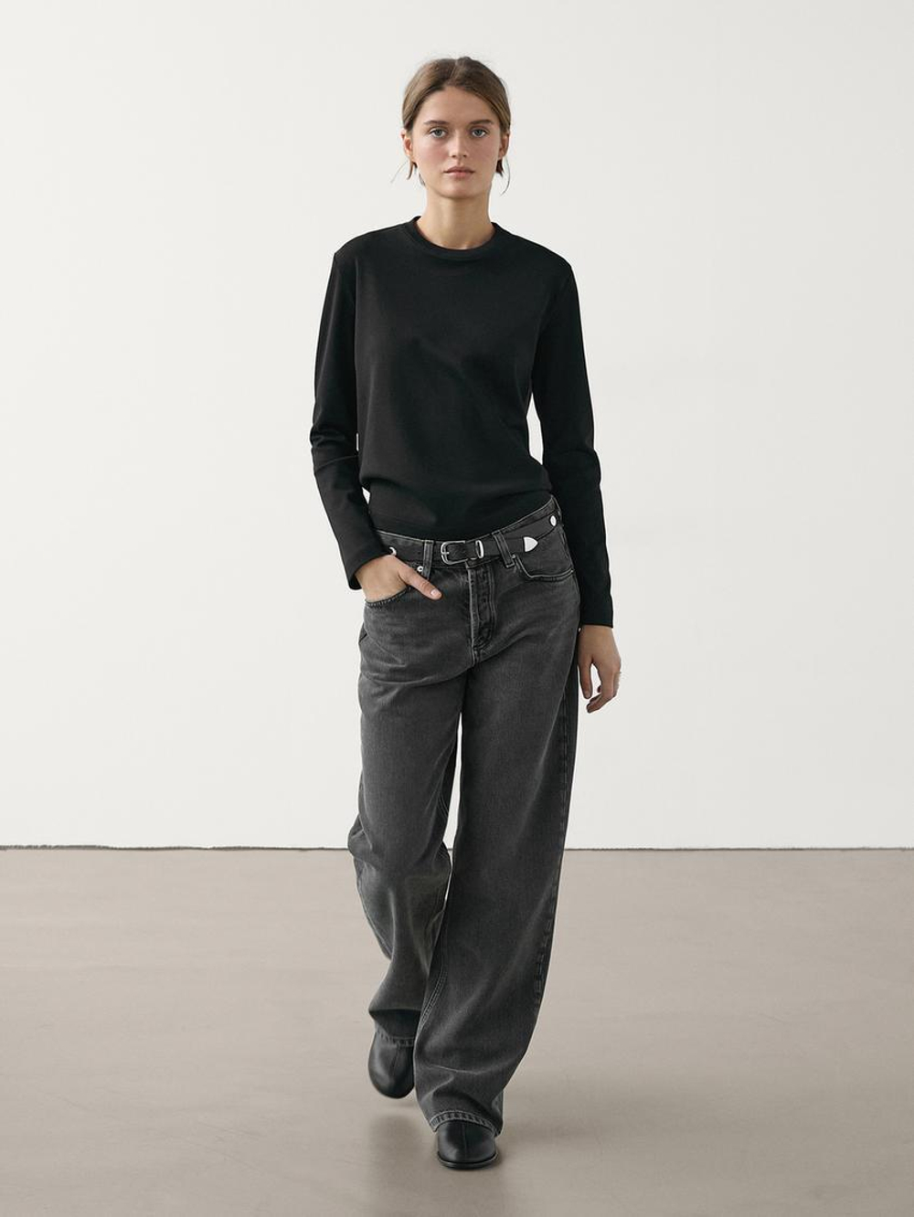 Massimo Dutti Футболка из хлопка с длинными рукавами, черный