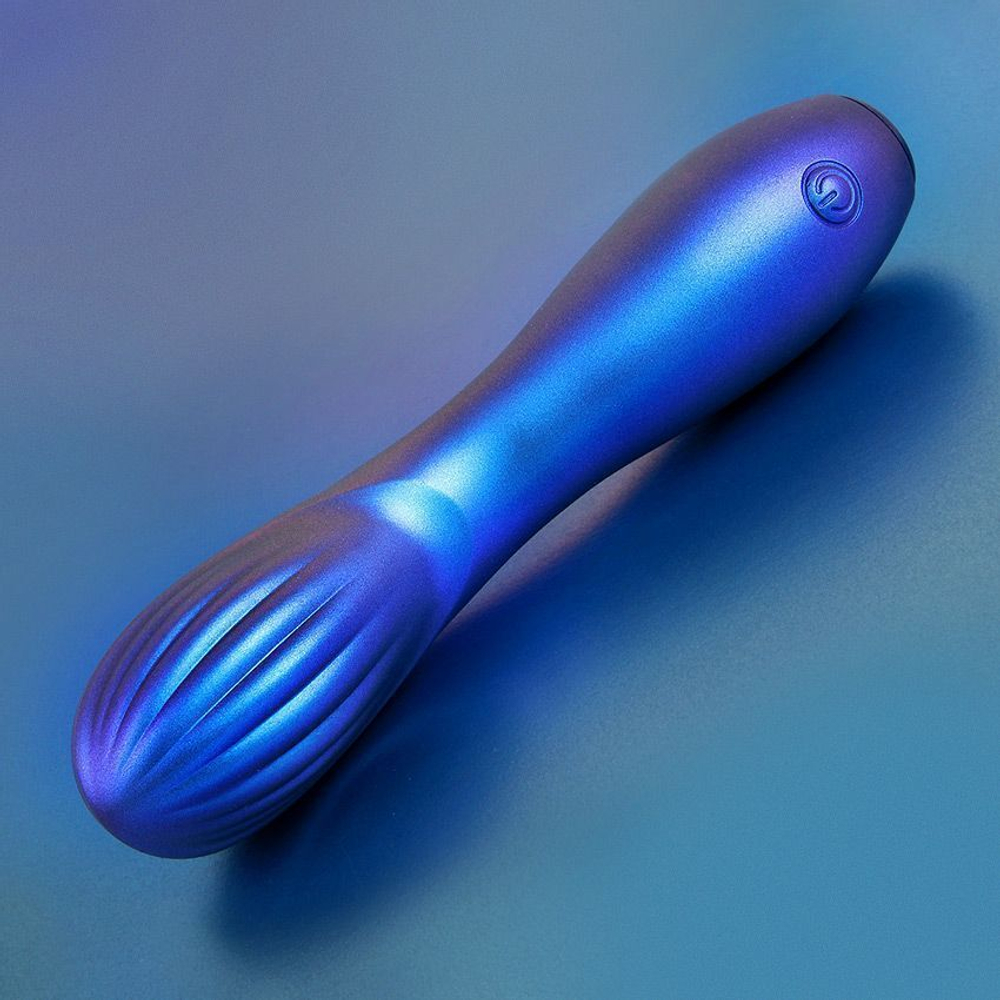 Синий вибромассажер с загнутой головкой - 15 см. (Цвет: синий)