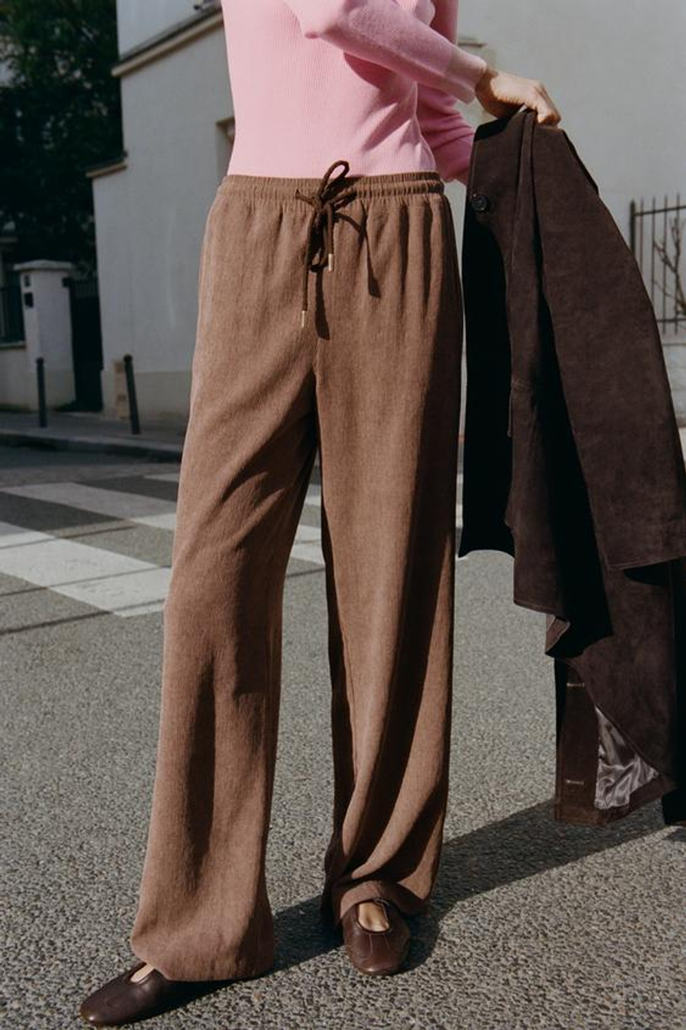 ZARA БРЮКИ ПРЯМОГО КРОЯ С ЭЛАСТИЧНЫМ ПОЯСОМ, РЫЖЕВАТО-КОРИЧНЕВЫЙ