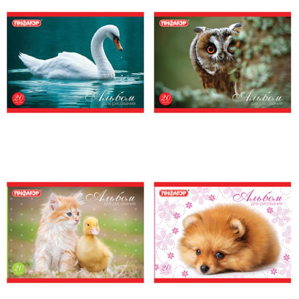 Альбом для рисования МАЛЫЙ ФОРМАТ А5, 20 листов, скоба, обложка офсет, ПИФАГОР, 200х148 мм, "Животные", 103723
