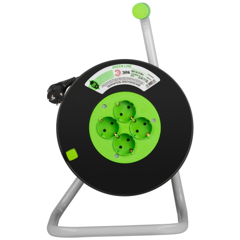 Удлинитель силовой ЭРА GREEN LINE KAT-3x1.5-50m Greenline на катушке пластик 4 розетки с заземлением 50м ПВС 3x1.5мм2 | Силовые удлинители