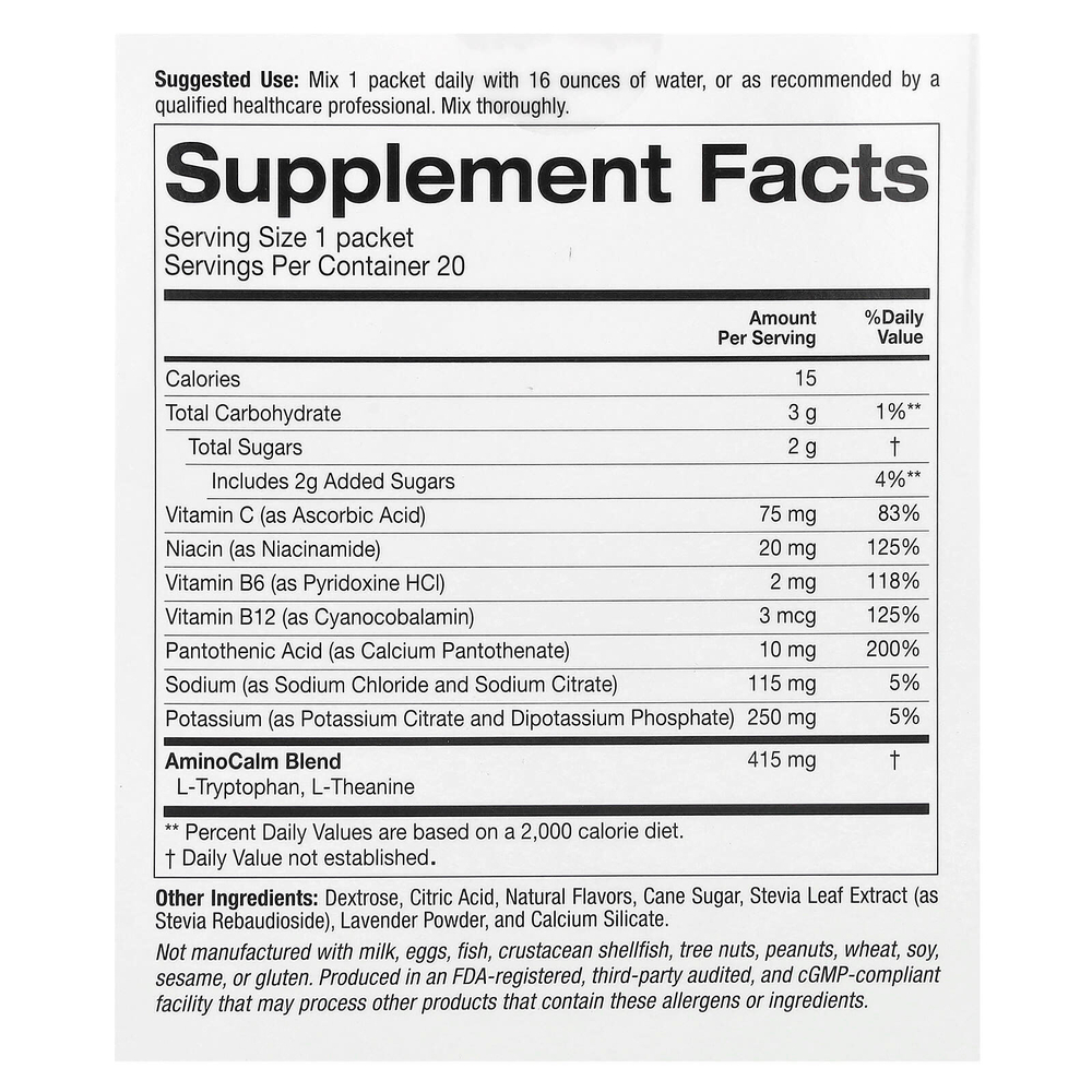 Lake Avenue Nutrition, Calm, успокаивающая порошковая смесь для приготовления напитков с калием и смесью AminoCalm, L-триптофаном и L-теанином, голубика и лаванда, 20 пакетиков по 5,5 г (0,19 унции)