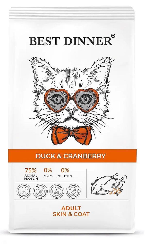 Сухой корм Best Dinner Adult Cat Duck &amp; Cranberry для кошек с уткой, уход за кожей и шерстью, пакет 1,5 кг