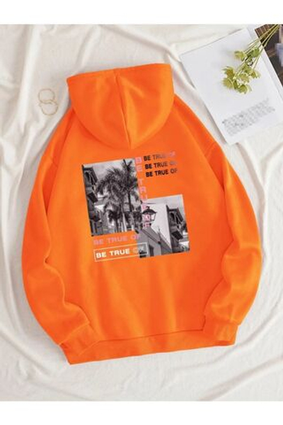 veqar Be True с принтом на спине, унисекс, большие размеры, модель кенгуру с капюшоном, оранжевая толстовка с капюшоном