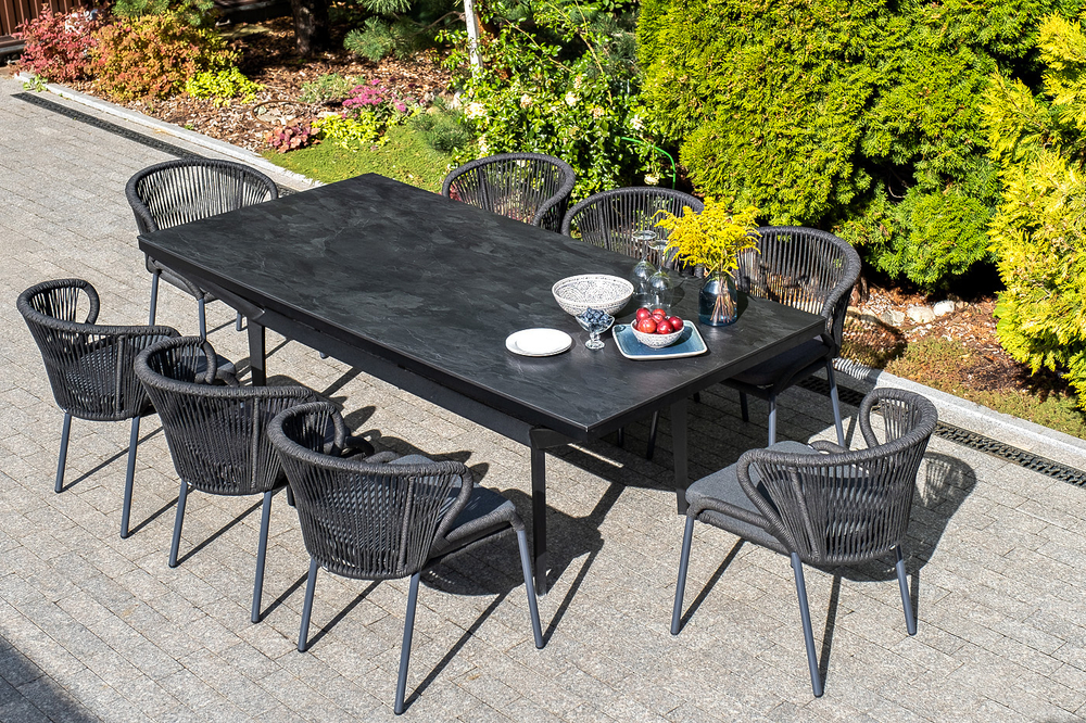 "Милан" стул плетеный из роупа, каркас алюминий темно-серый (RAL7024) муар, роуп темно-серый круглый, ткань темно-серая 027