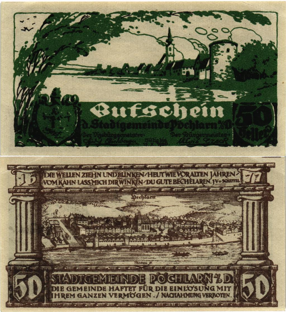 Австрия 50 геллеров Штадтгемайнде Пёхларн 1920 aUNC