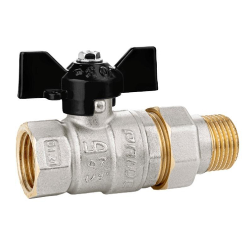 Кран латунный шаровой LD Pride 47.306, DN 15, PN 40, никелированный с накидной гайкой американка, муфта-штуцер, бабочка