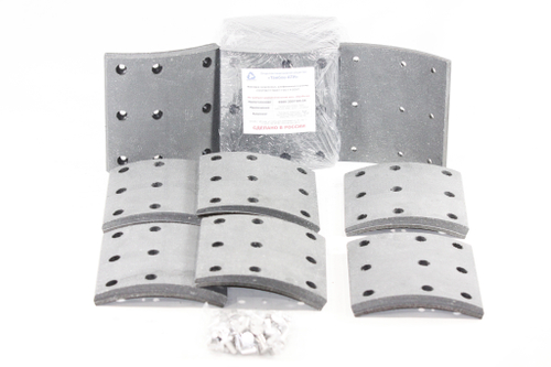 Рем. комплект тормозных накладок а/м КАМАЗ-6520, 6560 ЕВРО (Сверл./расточен./с заклёпками/ширина 180мм., 9 отв./ к-т 8 шт. короткие/ повышенная термостойкость и экспл. характ./ 6520-3501105-К, 6520-3501105-51) Тамбов АТИ