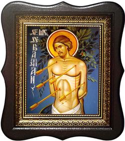 Севастьян Медиоланский Римский мученик. Икона на холсте в большом киоте.